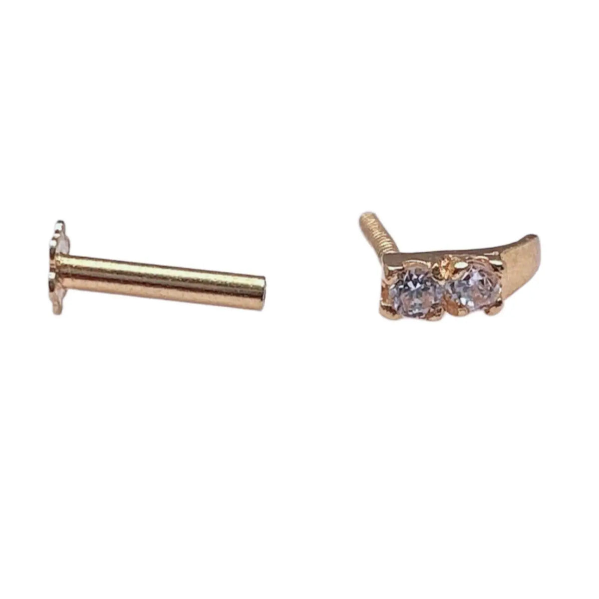 22ct Yellow Gold & Cubic Zirconia Half Hoop Nose Ring Stud Straight Bar 2 Stone 