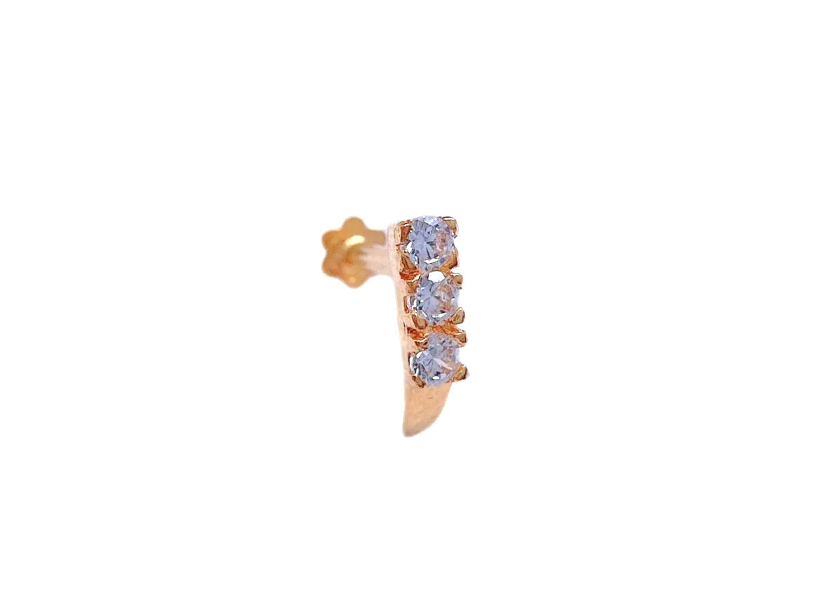 22ct Yellow Gold & Cubic Zirconia Half Hoop Nose Ring Stud Straight Bar 3 Stone 