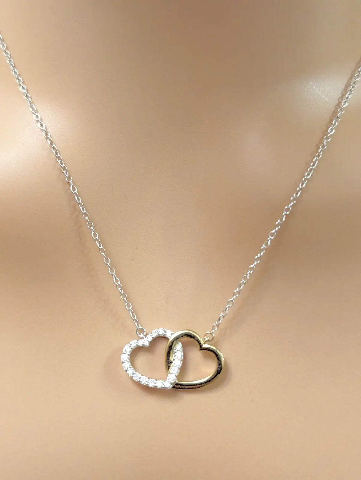 9ct Yellow Gold & Natural Diamonds Double Heart Pendant Necklace Chain 0.20cts 