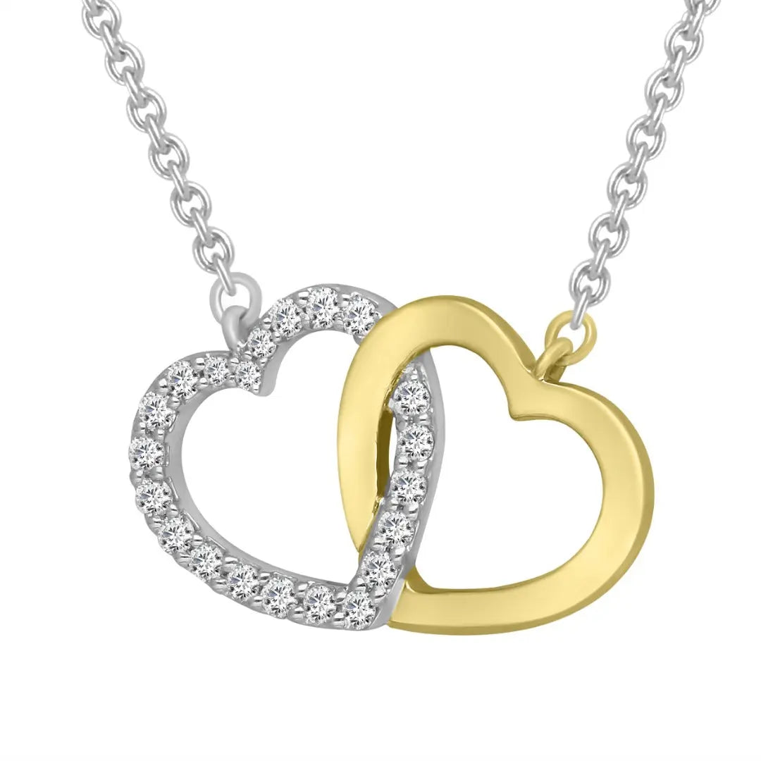 9ct Yellow Gold & Natural Diamonds Double Heart Pendant Necklace Chain 0.20cts 