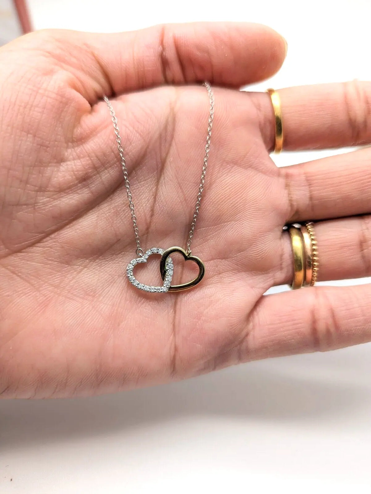 9ct Yellow Gold & Natural Diamonds Double Heart Pendant Necklace Chain 0.20cts 