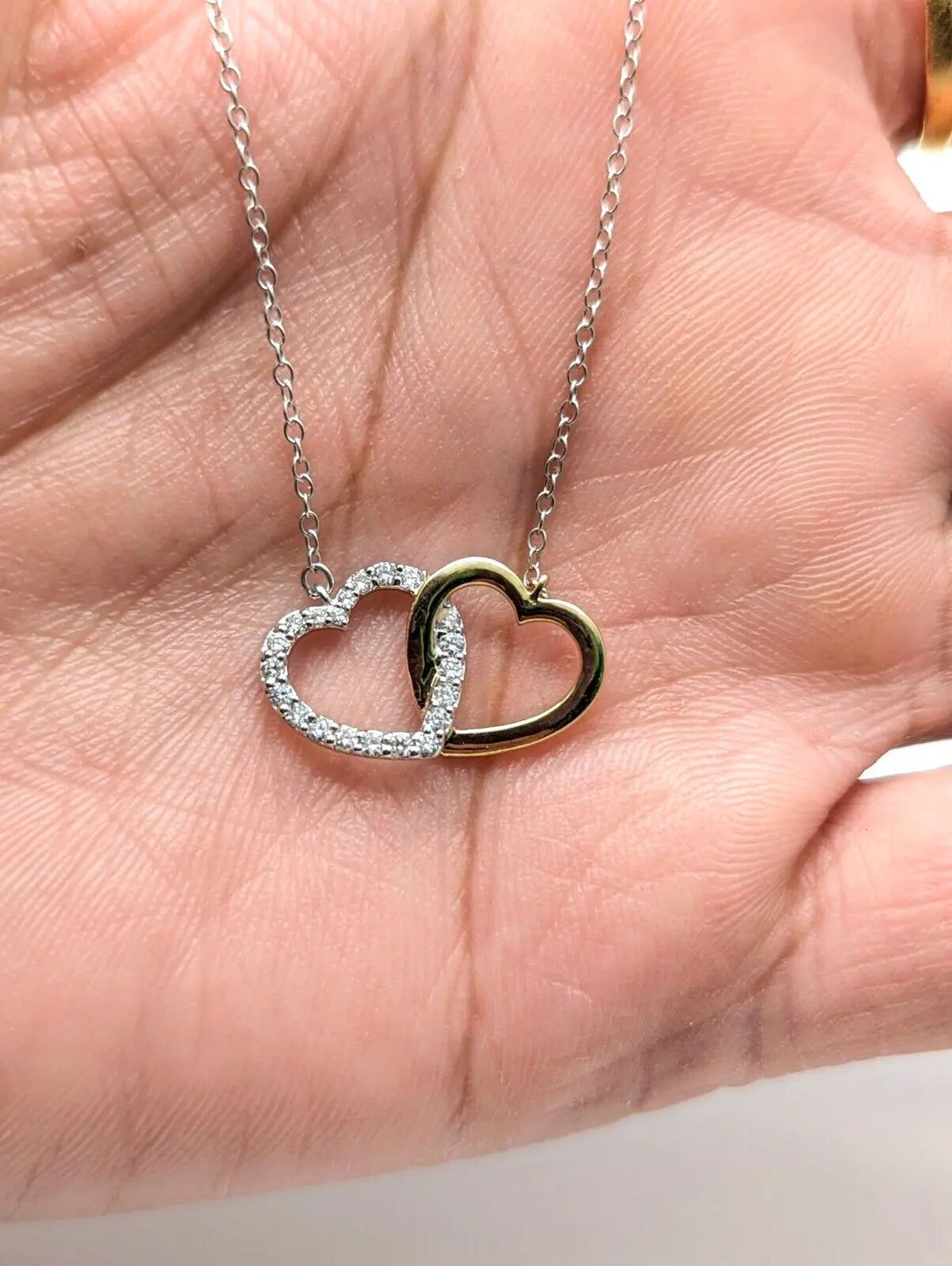 9ct Yellow Gold & Natural Diamonds Double Heart Pendant Necklace Chain 0.20cts 