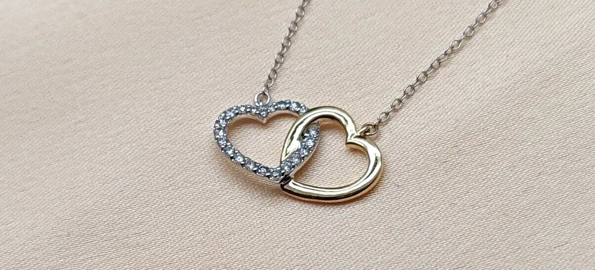 9ct Yellow Gold & Natural Diamonds Double Heart Pendant Necklace Chain 0.20cts 