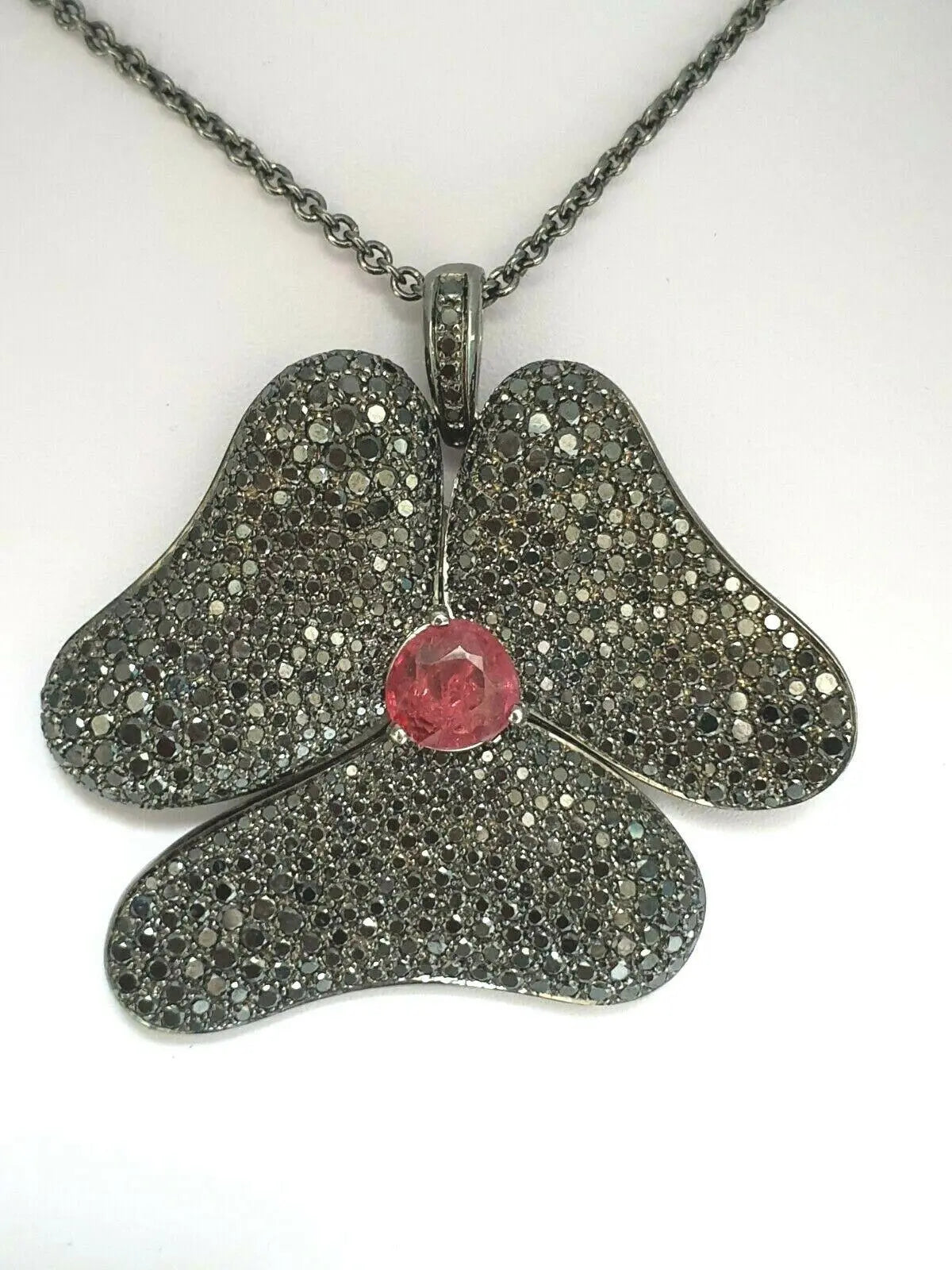 Gavello Black Diamond & Tourmaline Pendant 18K White Gold On Silver Chain 