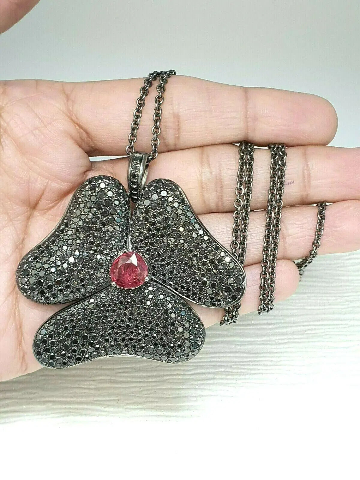 Gavello Black Diamond & Tourmaline Pendant 18K White Gold On Silver Chain 