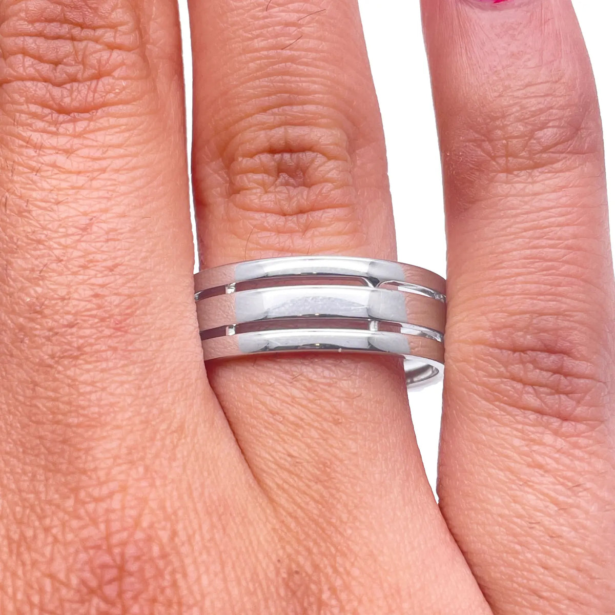 Mens Platinum 7mm Unique Polished 3 Row Cut Out Wedding Band Heavy Weight  Platinum Ring