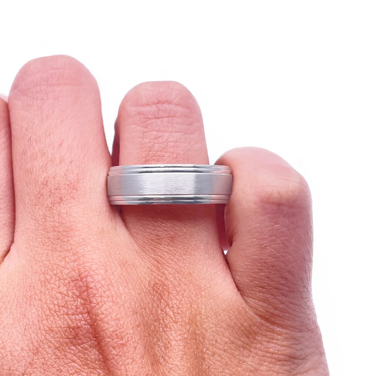 Mens Platinum Wedding Band 7mm Matt Centre & Grooved Edges Heavy Weight  Platinum Ring