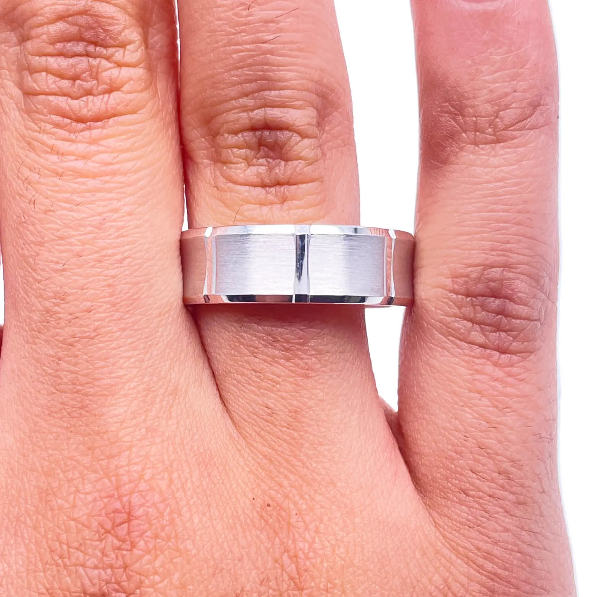 Mens Platinum Wedding Band 7mm Square Matt Finish & Bevelled Edges Heavy Weight 
